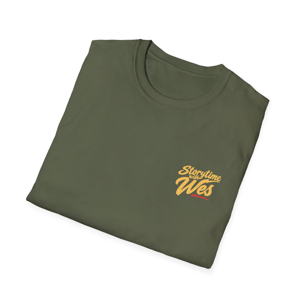 Storytime with Wes T-Shirt — Retro Tee (Front Chest Logo & Back Portrait)