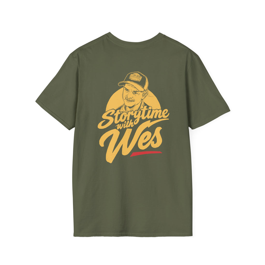 Storytime with Wes T-Shirt — Retro Tee (Front Chest Logo & Back Portrait)