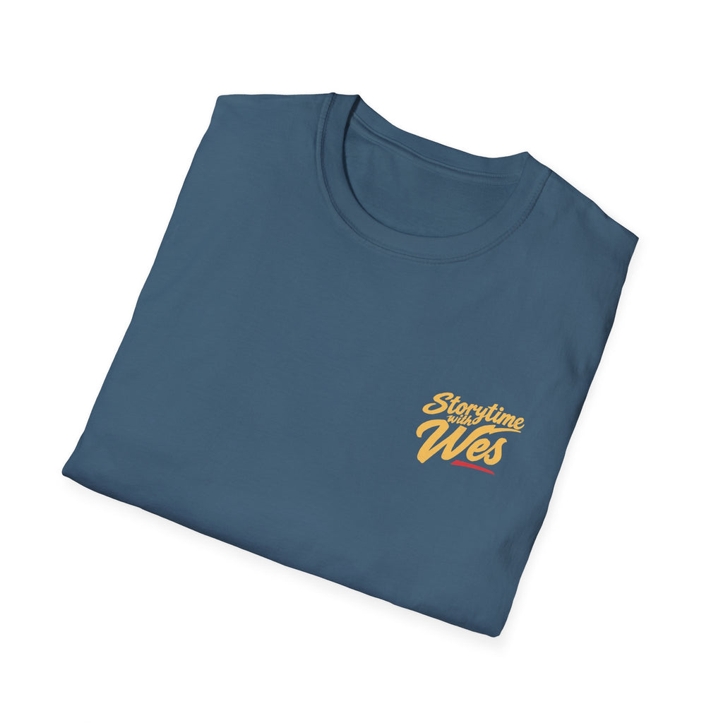 Storytime with Wes T-Shirt — Retro Tee (Front Chest Logo & Back Portrait)