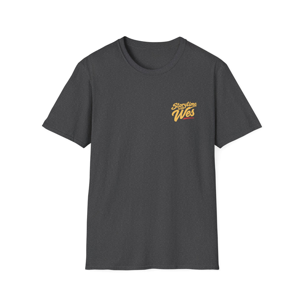 Storytime with Wes T-Shirt — Retro Tee (Front Chest Logo & Back Portrait)