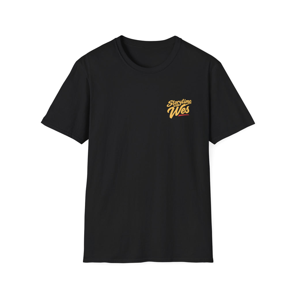 Storytime with Wes T-Shirt — Retro Tee (Front Chest Logo & Back Portrait)